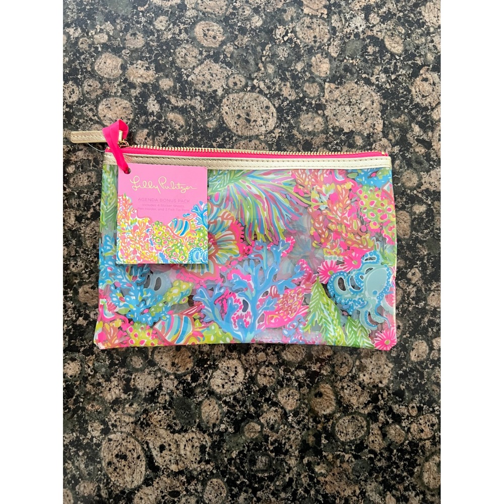 Lilly Pulitzer Multi Color Coral Octopus Clear Zipper Pouch Travel Makeup Bag